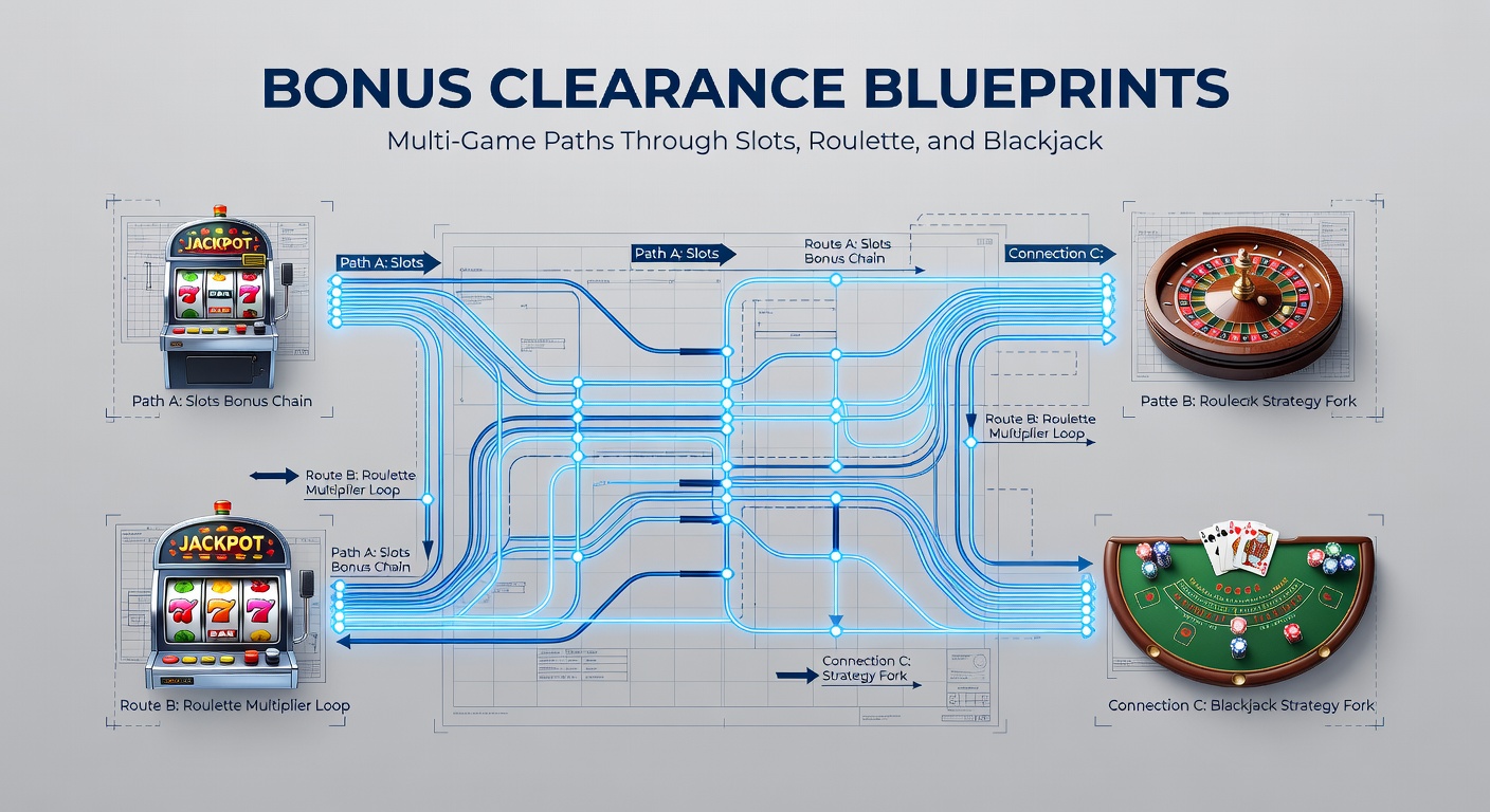 Visuele blueprint van een multi-game bonuspad met pijlen van slots naar roulette en blackjack tafels