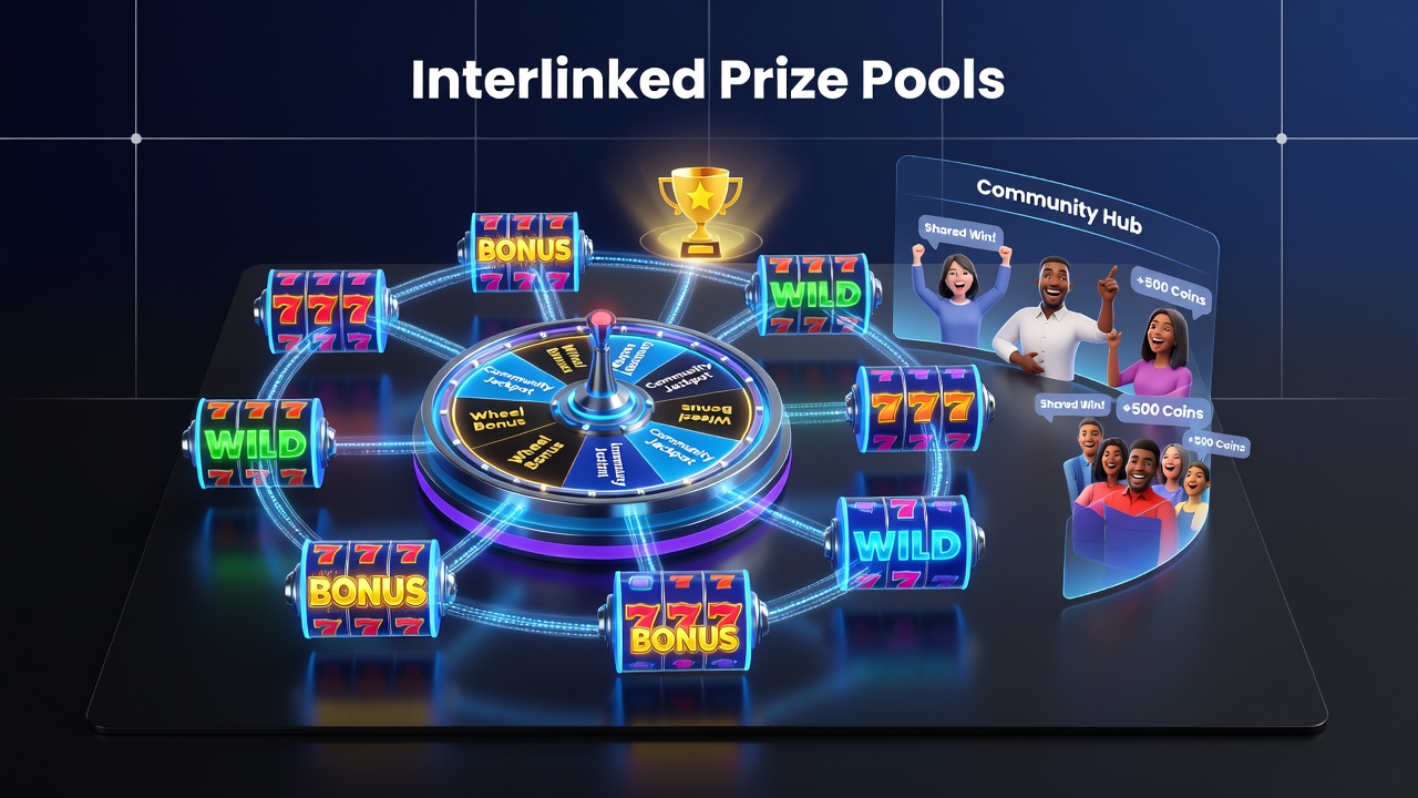 Diagram van prize pool interconnectiviteit tussen slots, radspellen en community card spellen