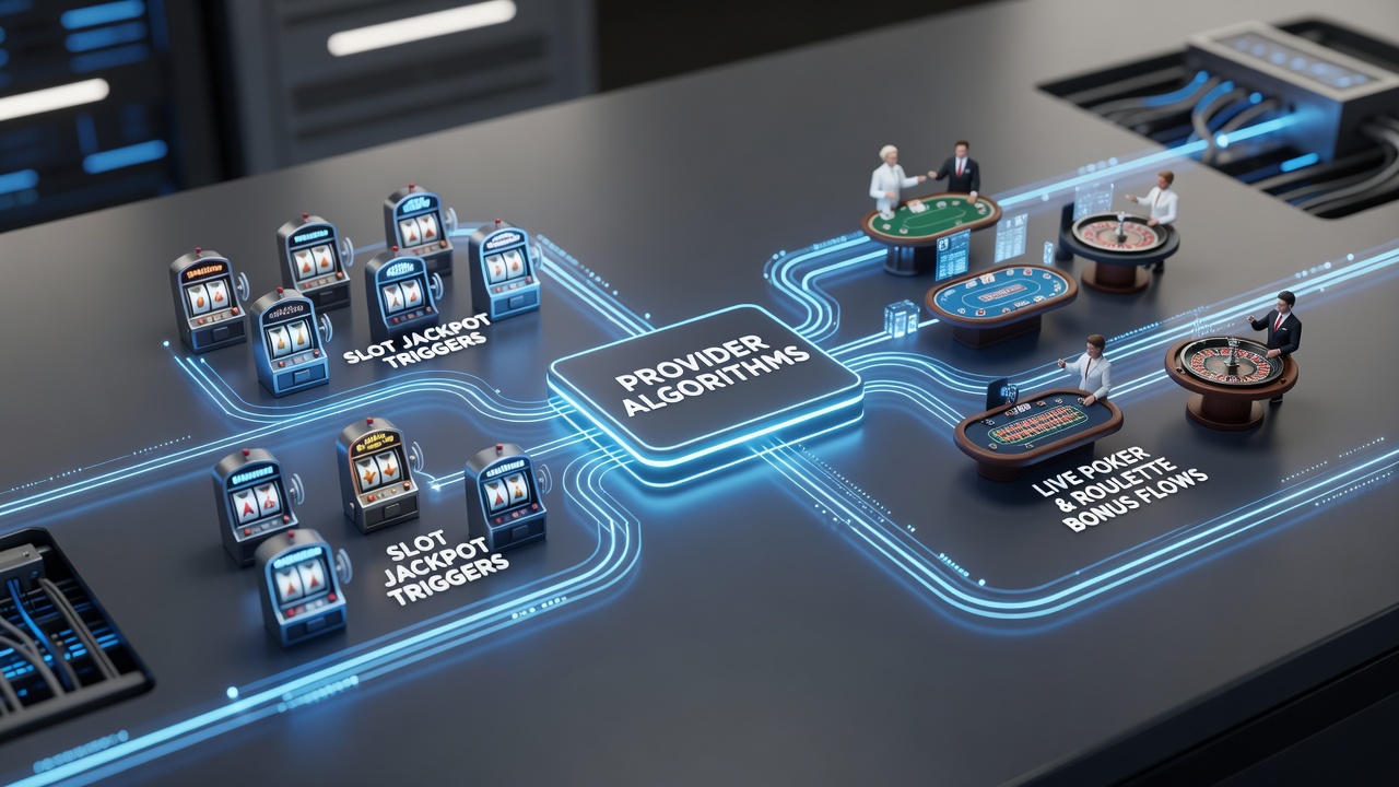 Diagram van dataflow tussen live poker, roulette bonussen en slot jackpot triggers